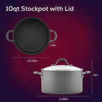 10-Quart Pot: Large Nonstick Stockpot, constructed from hard-anodized aluminum for lasting durability, featuring a top-tier nonstick system and presented against a red background.
