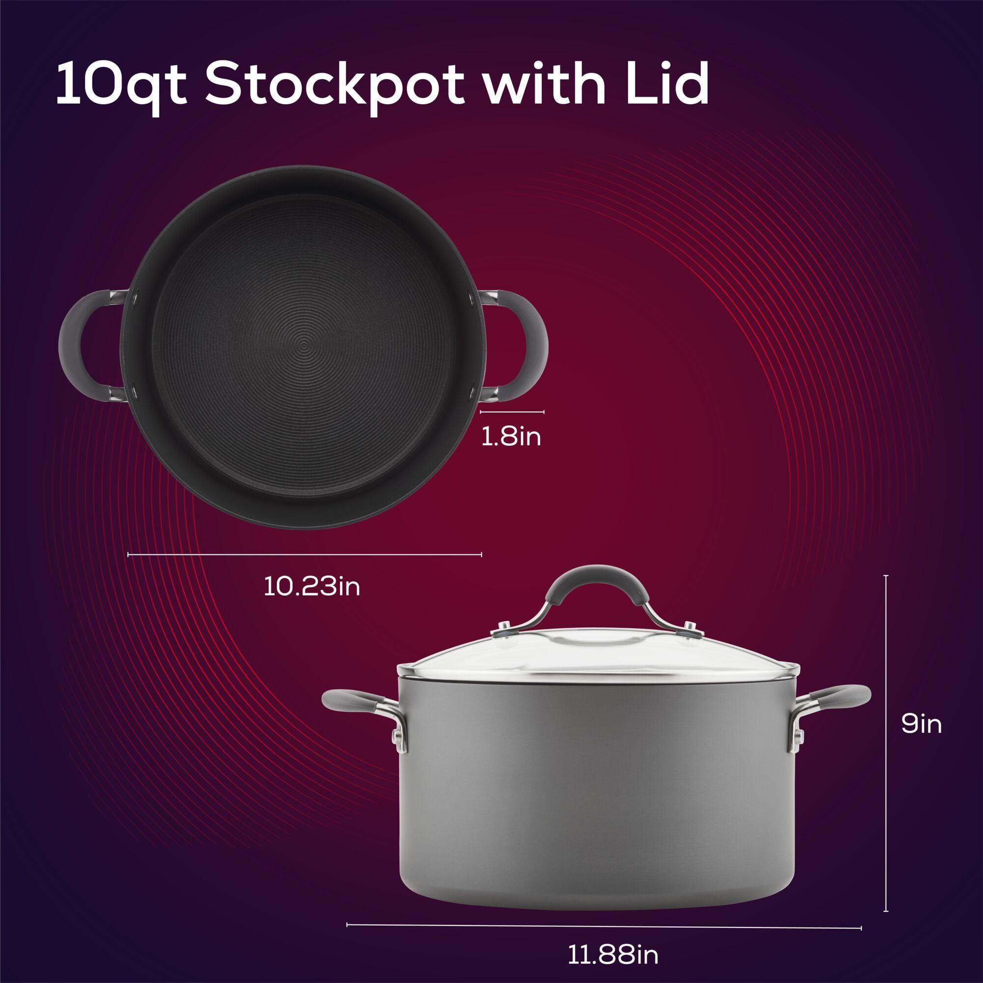 10-Quart Pot: Large Nonstick Stockpot, constructed from hard-anodized aluminum for lasting durability, featuring a top-tier nonstick system and presented against a red background.