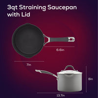 The 3-Quart Nonstick Straining Saucepan is displayed from both the top and side views, with dimensions clearly labeled. Its hard-anodized construction guarantees durability, and the advanced nonstick system provides easy cooking and cleanup.