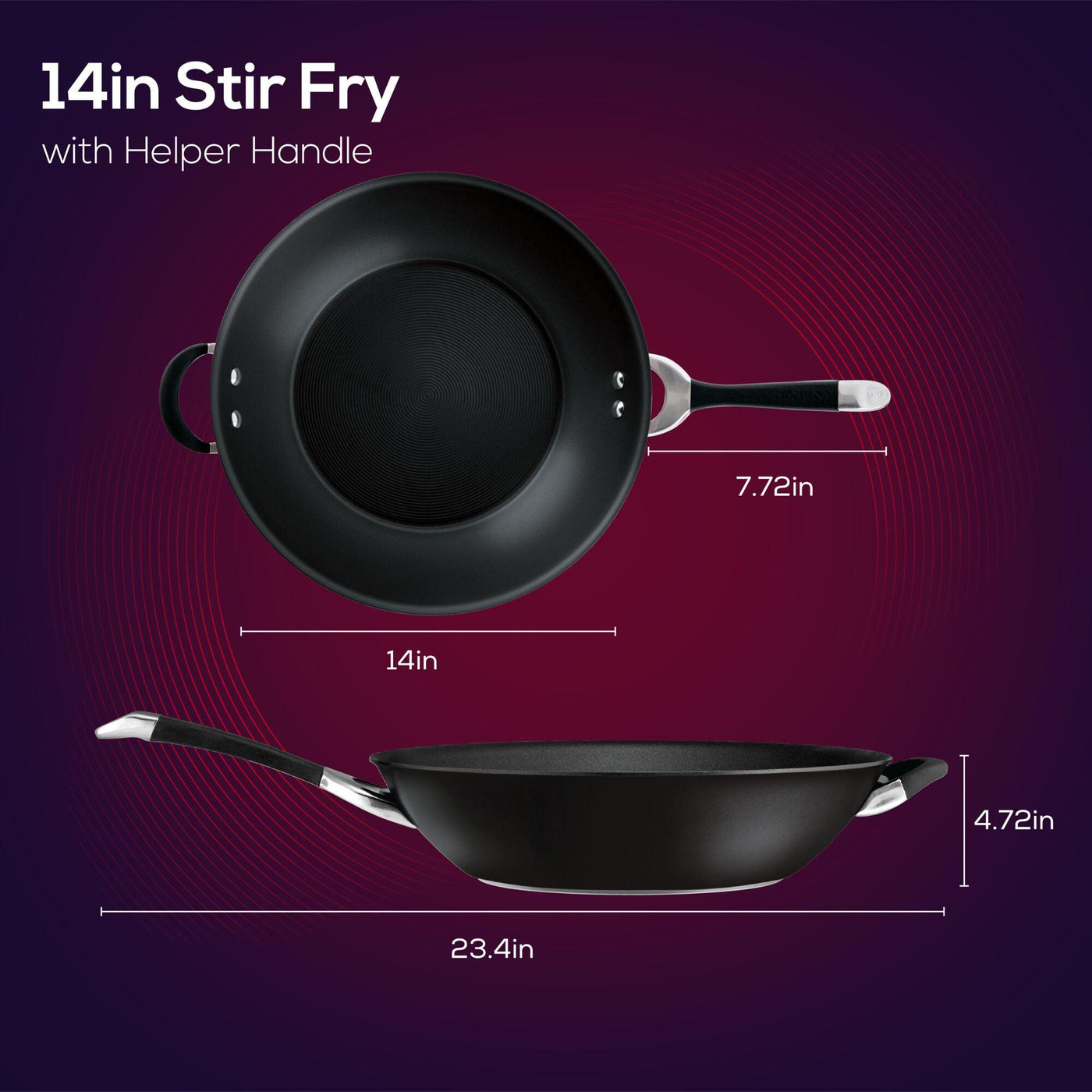 The 14-Inch Nonstick Stir Fry pan features a hard-anodized nonstick construction and includes a handy helper handle, providing both durability and ease of use.