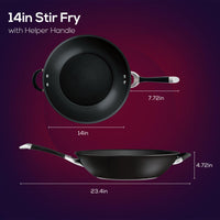 The 14-Inch Nonstick Stir Fry pan features a hard-anodized nonstick construction and includes a handy helper handle, providing both durability and ease of use.