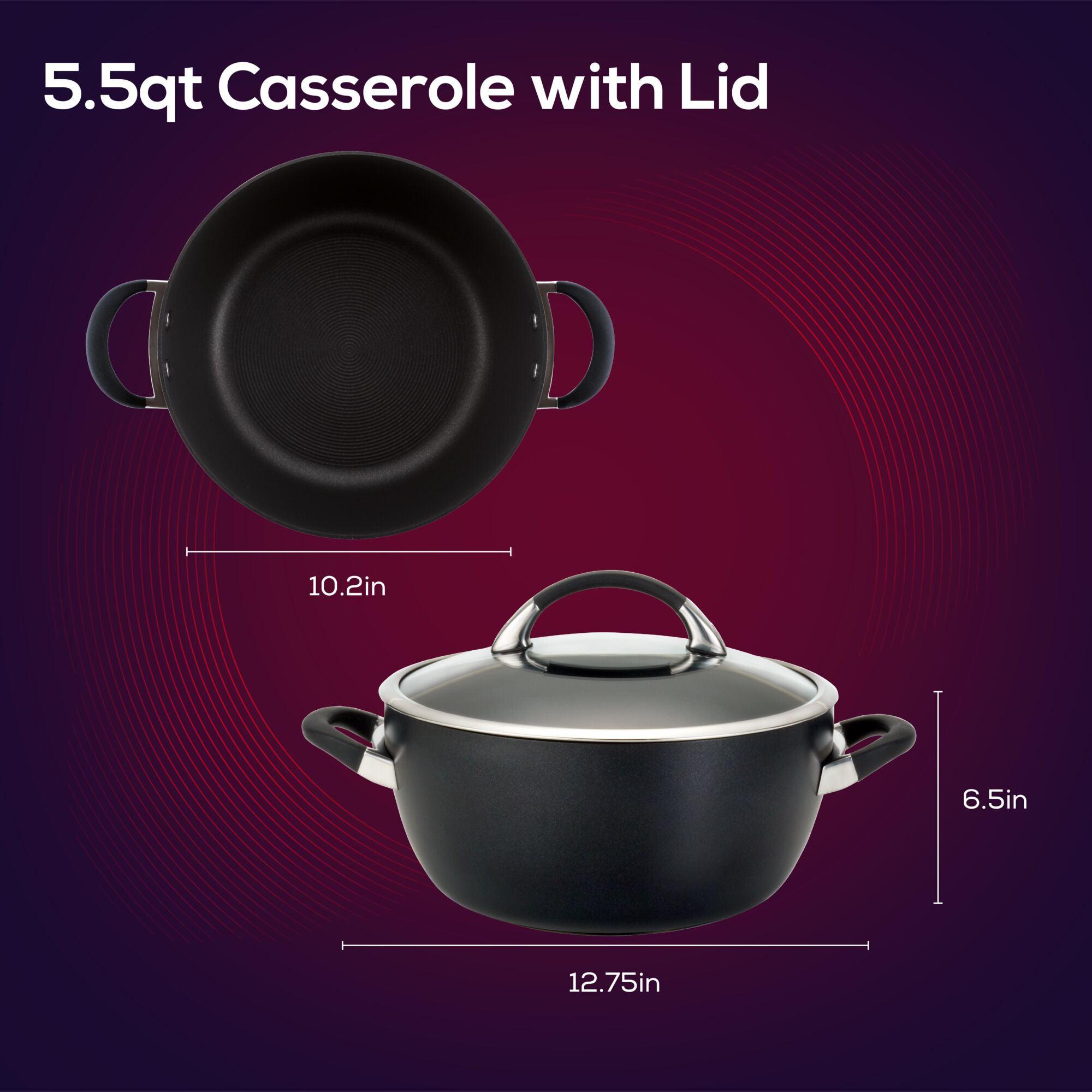 The 5.5-Quart Nonstick Casserole in black, crafted from heavy-duty hard-anodized aluminum for durability, is shown with top and side views as the ultimate one-pot meal maker.