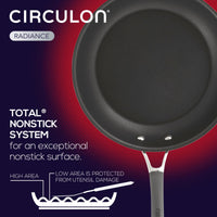 The 12-Inch Nonstick Deep Frying Pan is displayed with detailed features against a red background, providing a comprehensive view of its design.