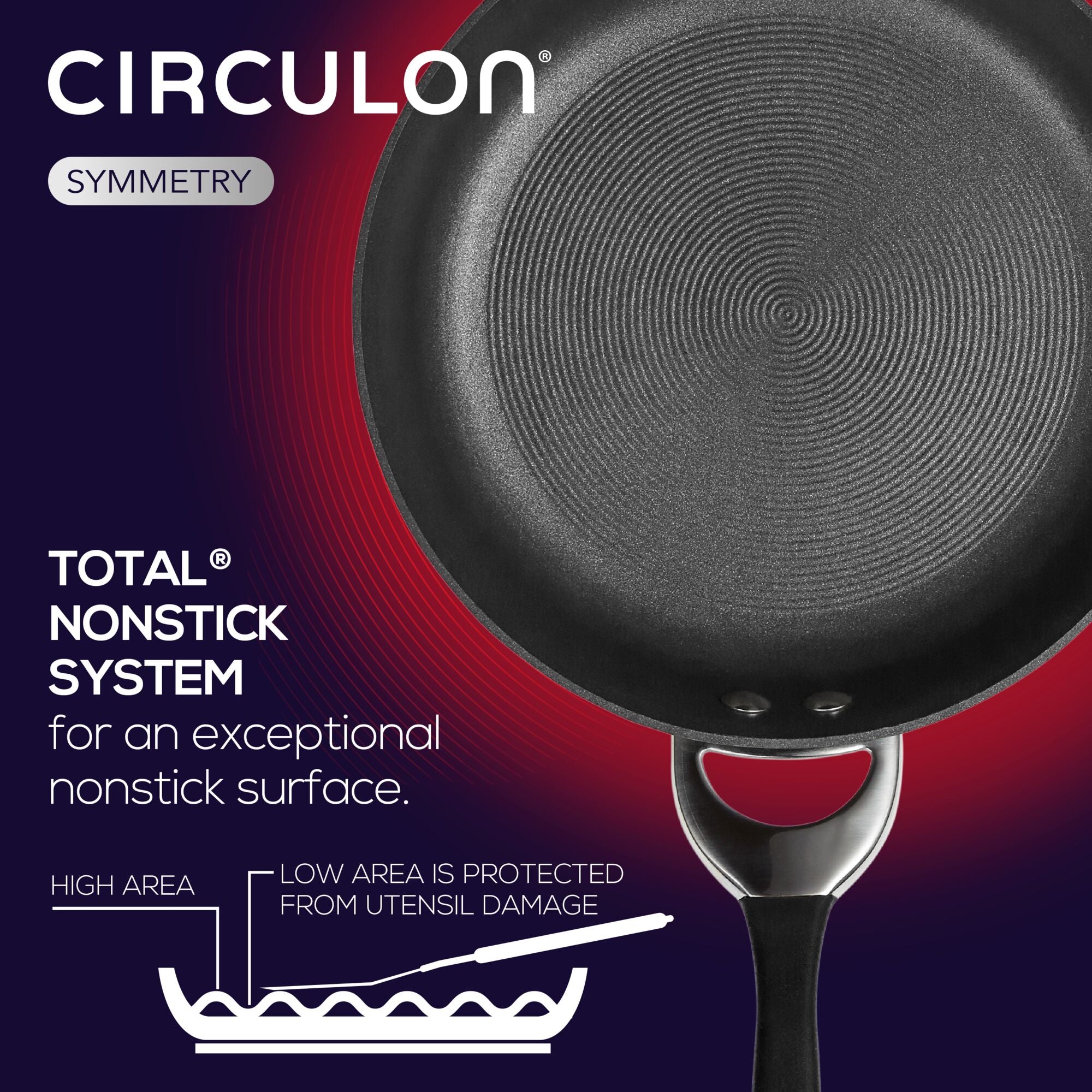 The 14-Inch Nonstick Stir Fry pan, featuring the TOTAL Nonstick System, is beautifully showcased against a vibrant purple background.