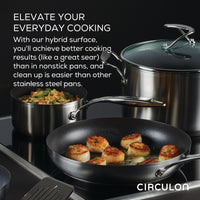 Scallops searing in an 8" Hybrid Stainless Steel Open Frying Pan, induction-compatible, with vegetables simmering in a stainless steel pot beside it.