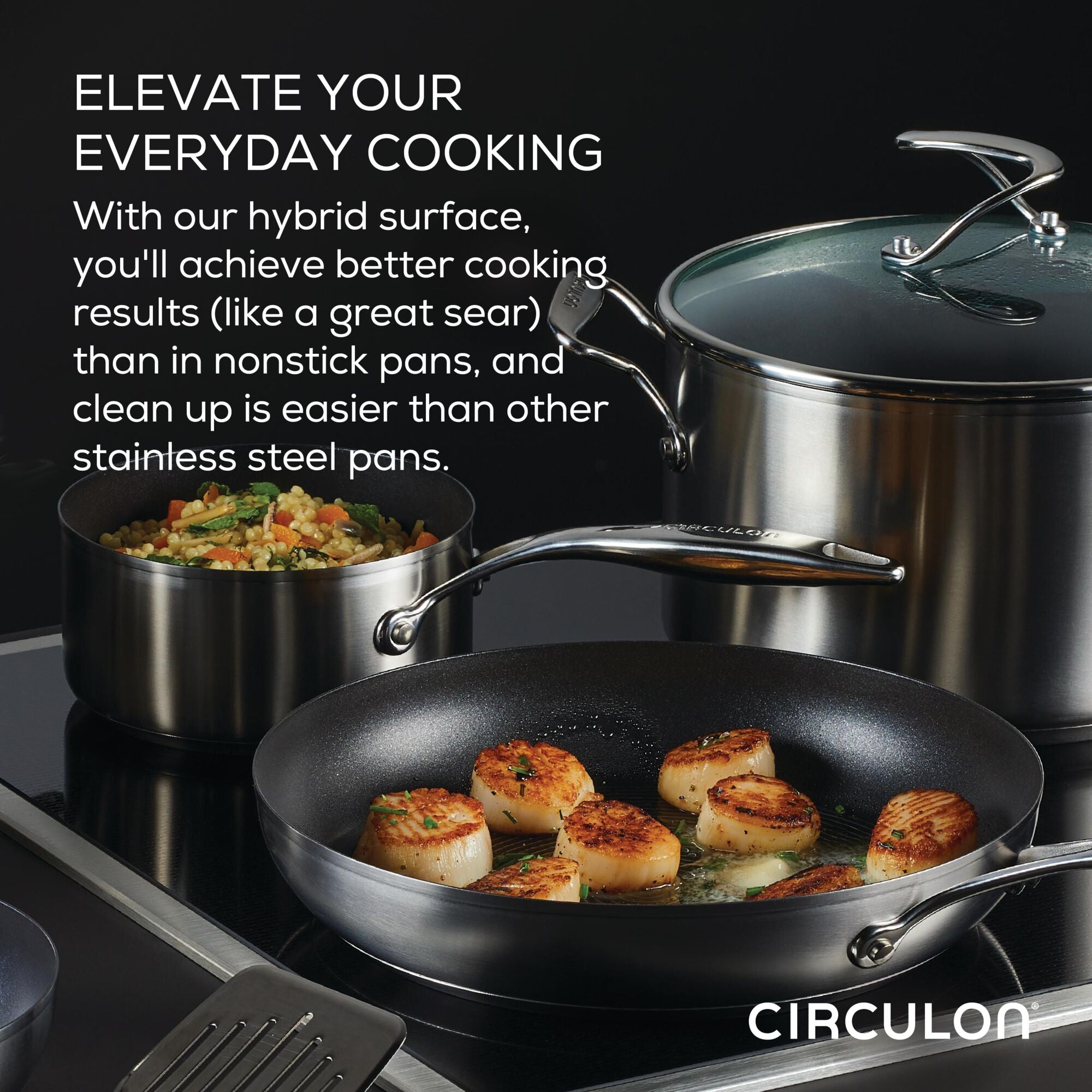 Scallops searing in an 8" Hybrid Stainless Steel Open Frying Pan, induction-compatible, with vegetables simmering in a stainless steel pot beside it.