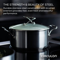 A stainless steel frying pan from the 8" & 10.25" Hybrid collection, compatible with induction cooking and featuring brushed exteriors, sits on a stove.