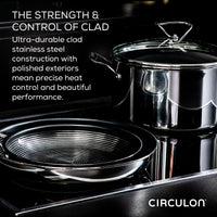 The 10-Piece Stainless Steel Cookware Set with the 2-Piece Bonus Utensil Set, incorporating SteelShield technology, sits on a stovetop, showcasing its reflective surfaces.
