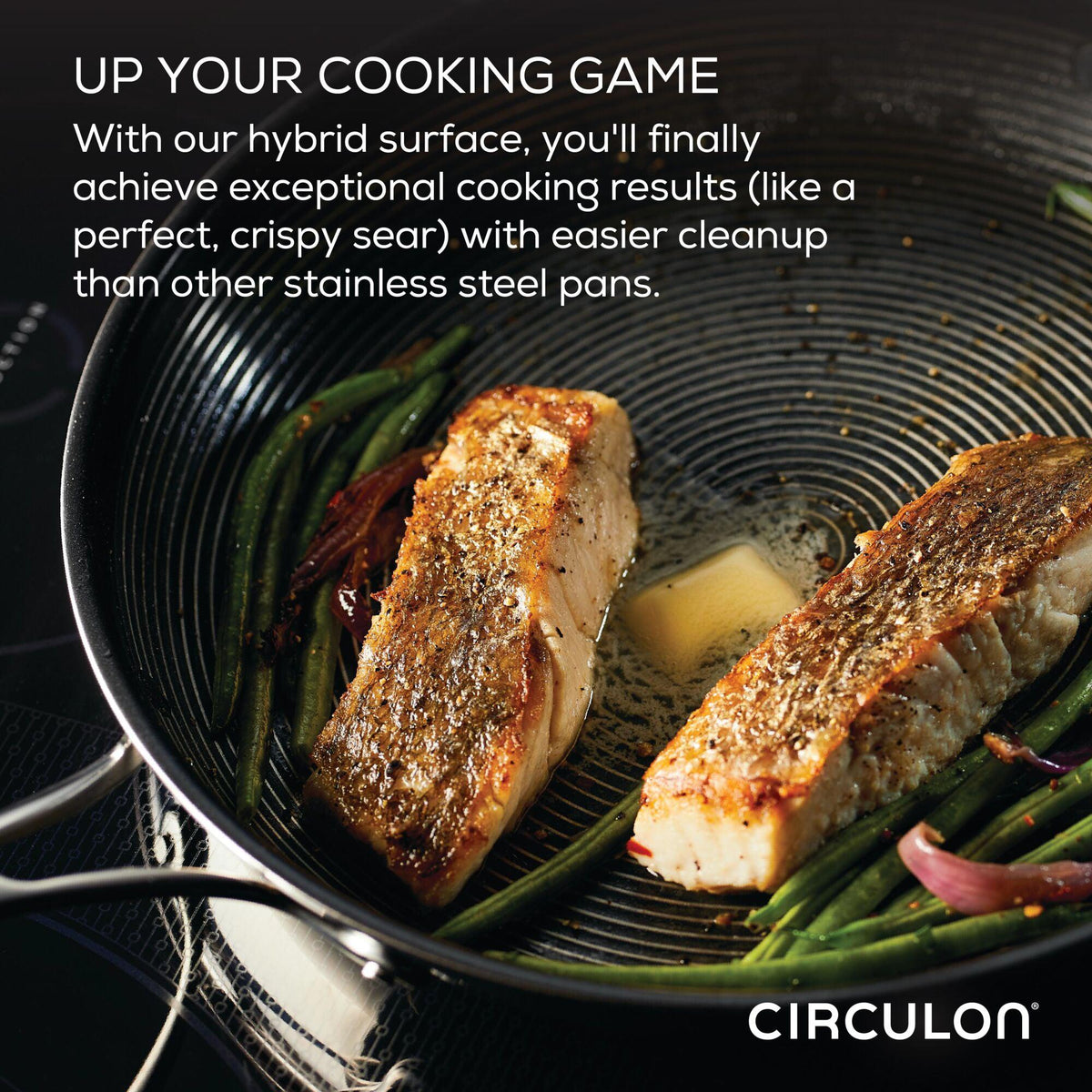 Salmon and green beans sizzle perfectly in cookware from the 10-Piece Stainless Steel Cookware Set with 2-Piece Bonus Utensil Set, thanks to its innovative SteelShield technology. The nonstick grooves of this stainless steel cookware ensure even cooking and effortless release, making your culinary experience delightful.