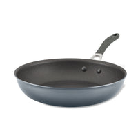 A side view of a gray 12" pan with ScratchDefense™ base and black handle.