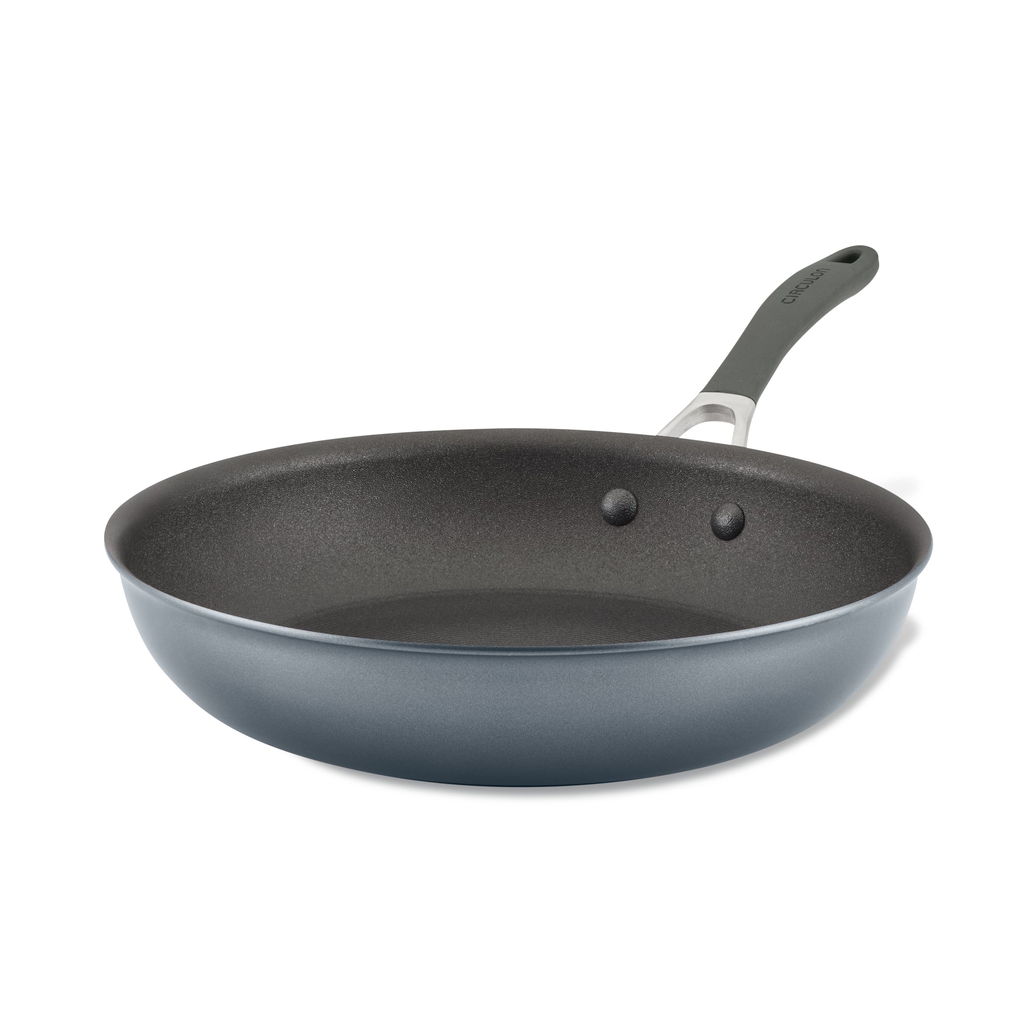 A side view of a gray 12" pan with ScratchDefense™ base and black handle.