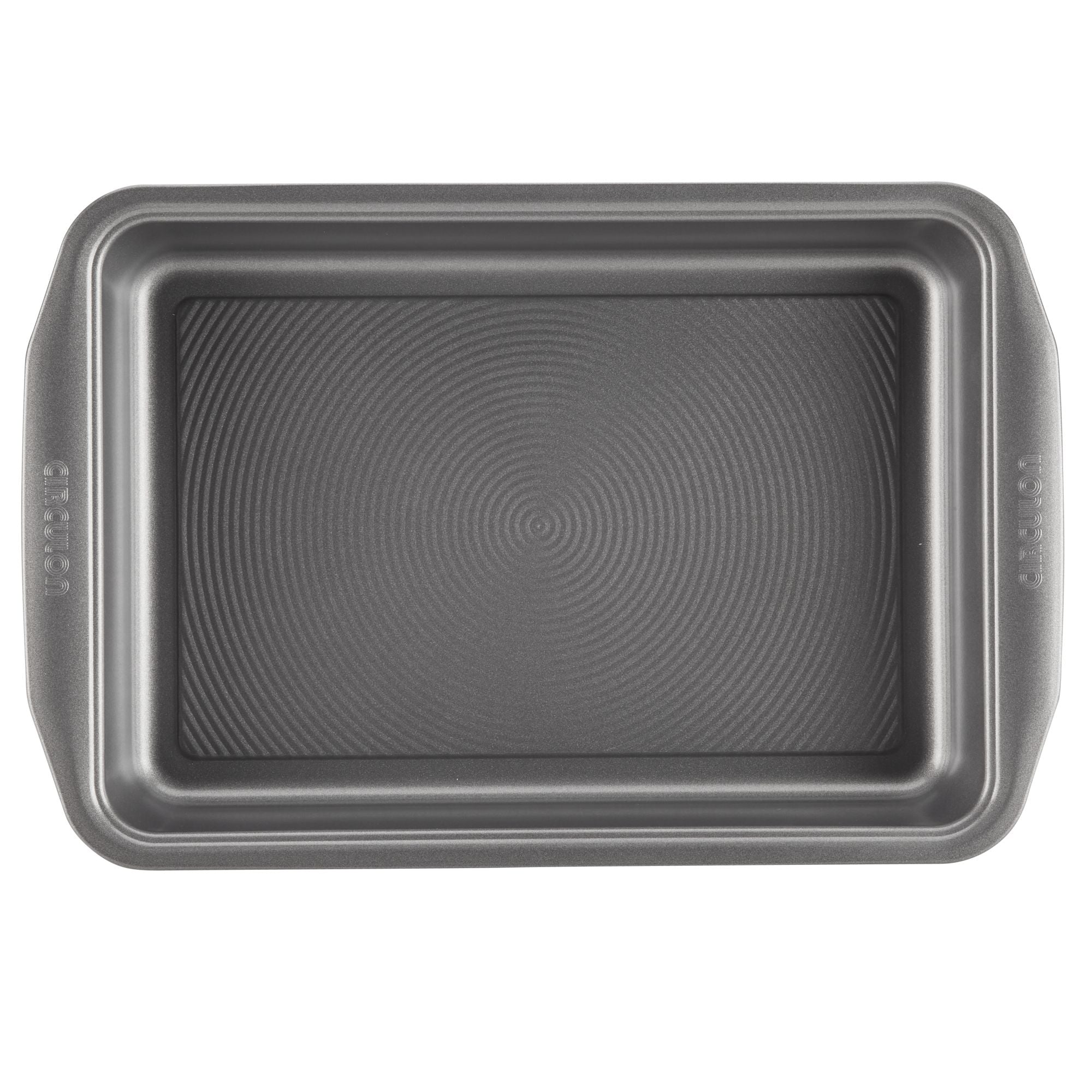 9" x 13" Nonstick Rectangular Cake Pan with a ridged surface, highlighting its sturdy design and nonstick technology, seen from above.