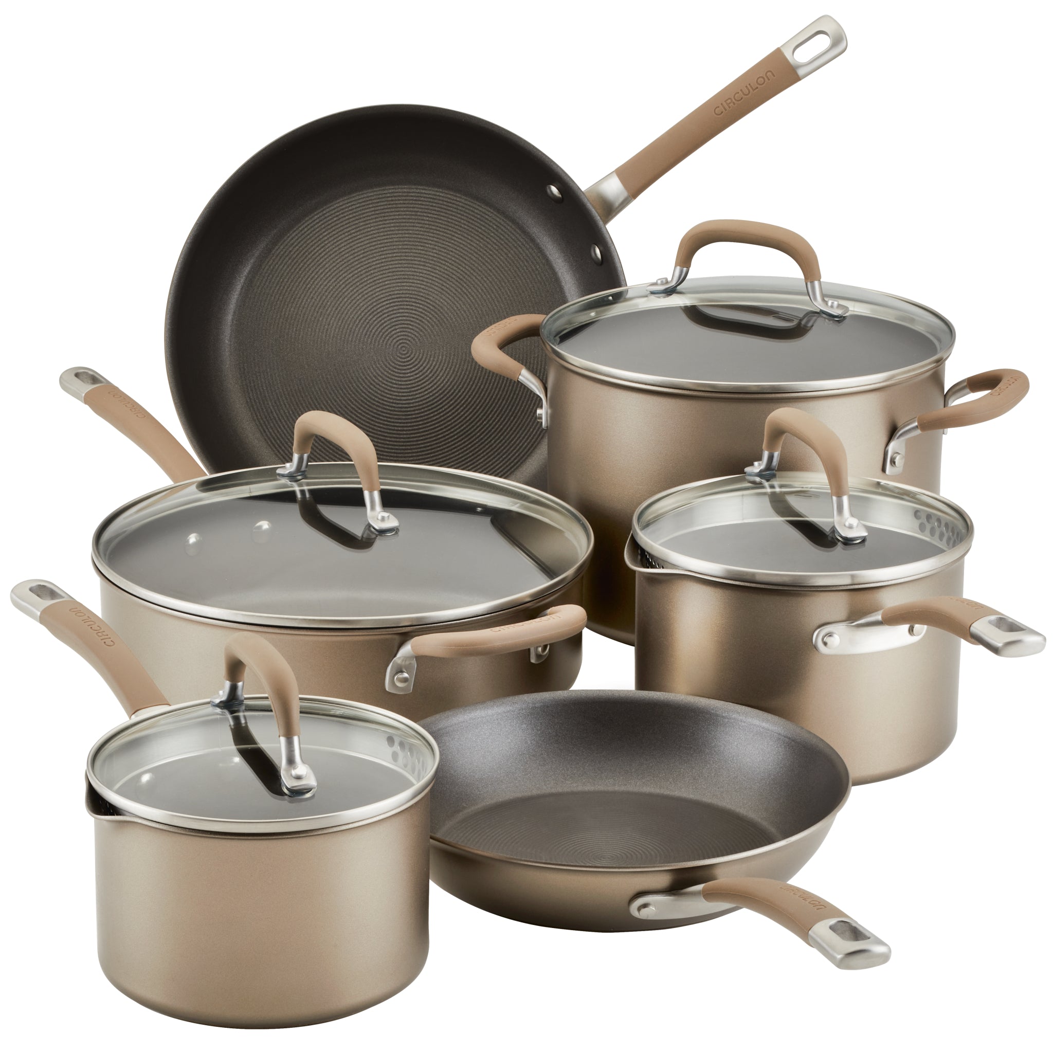 Explore the 10-Piece Nonstick Cookware Set, which includes durable pots and pans with glass lids and brown handles. This hard-anodized set combines style with functionality, ensuring an effortless cooking experience.
