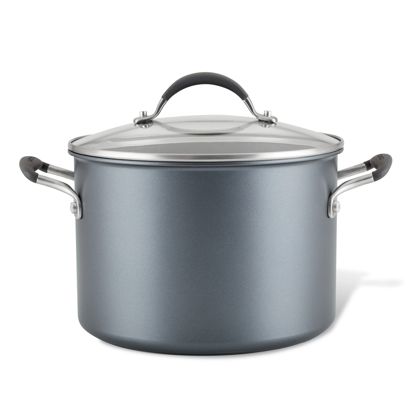 Gray 8-Quart ScratchDefense™ Stockpot with nonstick lid and black handles.