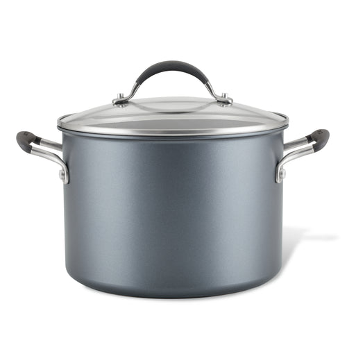 Gray 8-Quart ScratchDefense™ Stockpot with nonstick lid and black handles.
