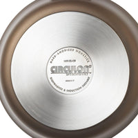 Bottom of a pan from the 11-Piece Cookware Set: Nonstick & Hard-Anodized, featuring hard-anodized construction and product details in the center.