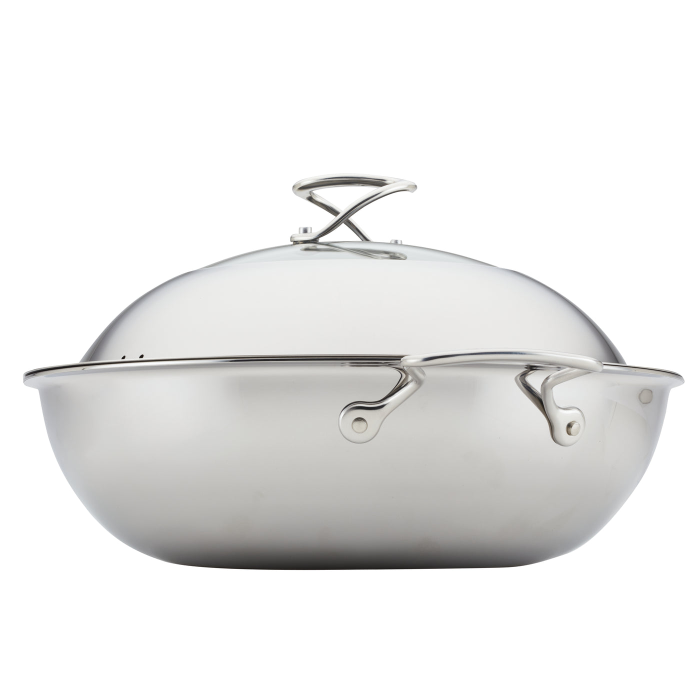 Wok equipped with Hybrid SteelShield Technology, a glass lid, and sturdy side handles.