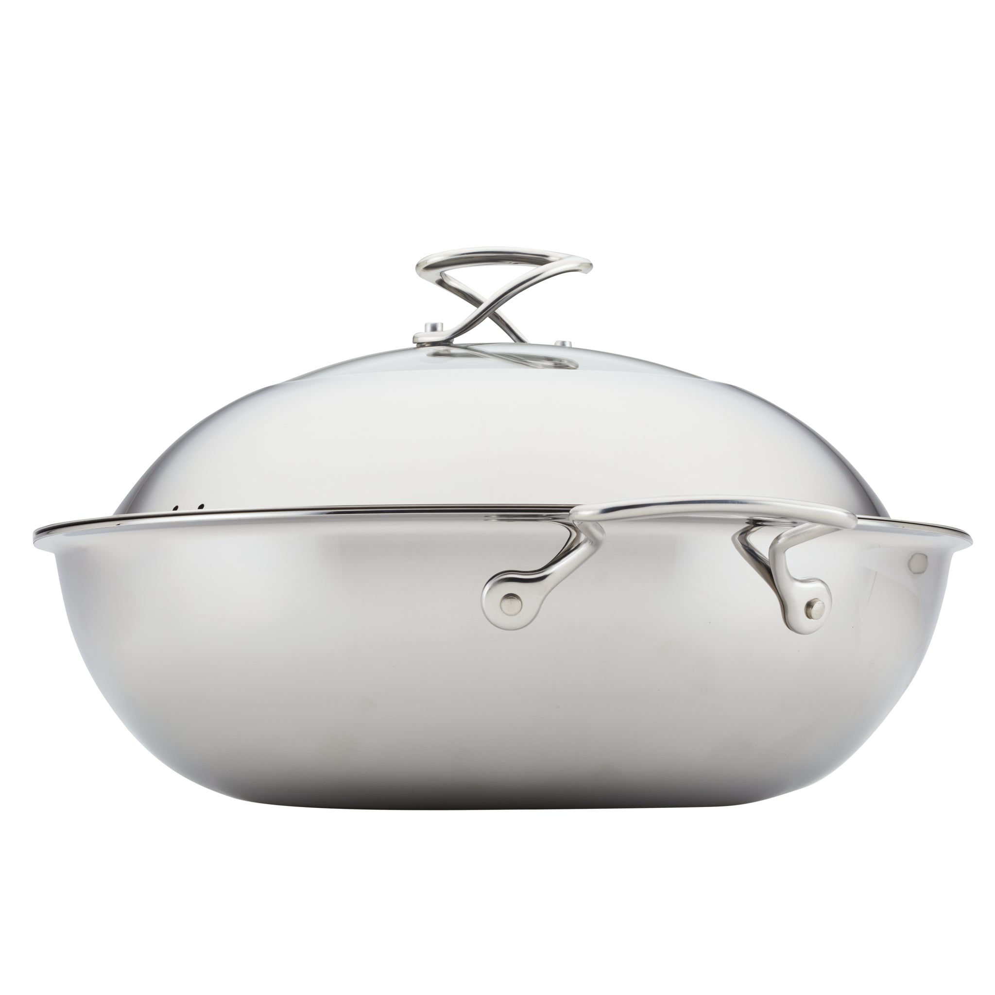 Wok equipped with Hybrid SteelShield Technology, a glass lid, and sturdy side handles.