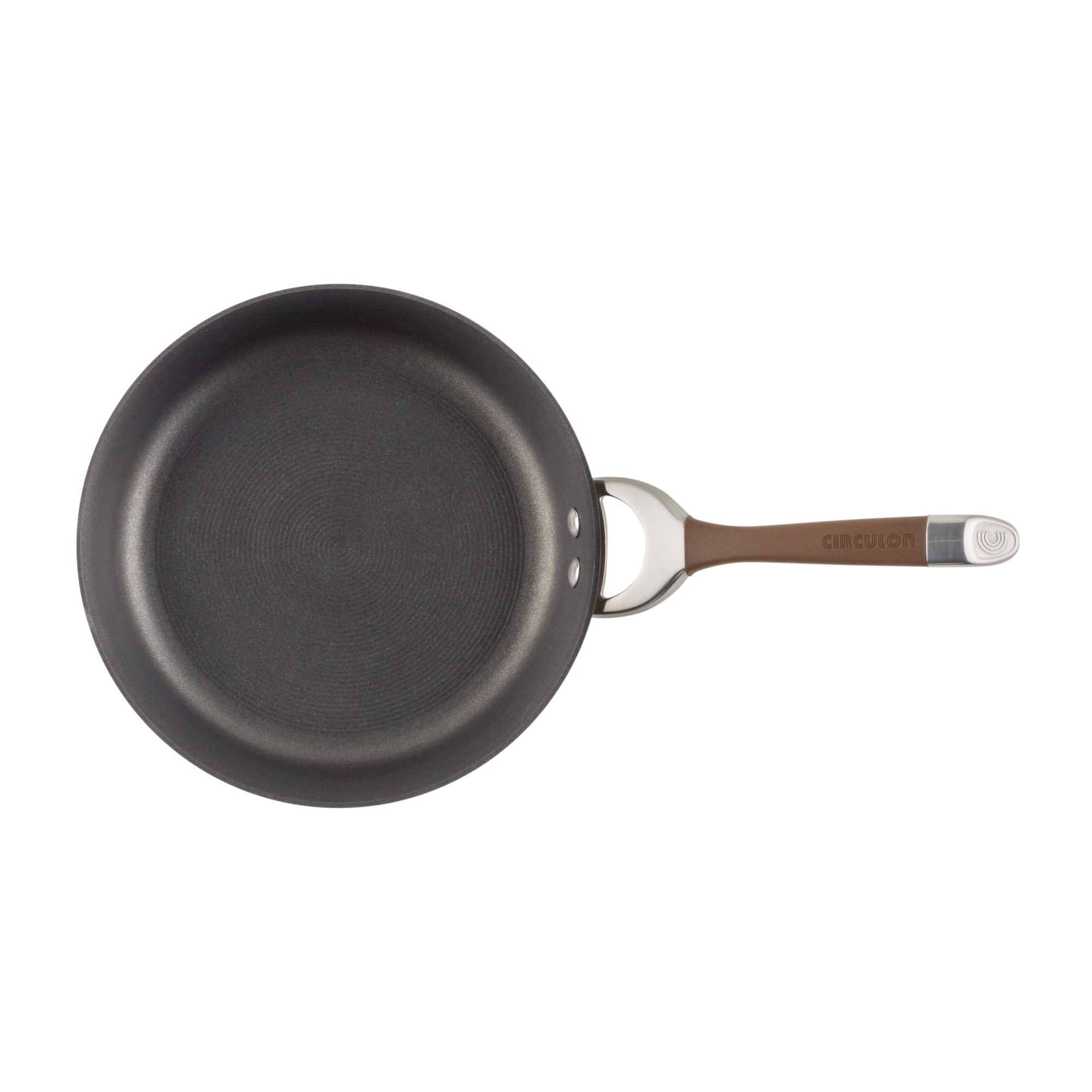 8.5-Inch Nonstick Frying Pan with a hard-anodized surface and a brown handle, ideal for use on induction stovetops, displayed against a white background.