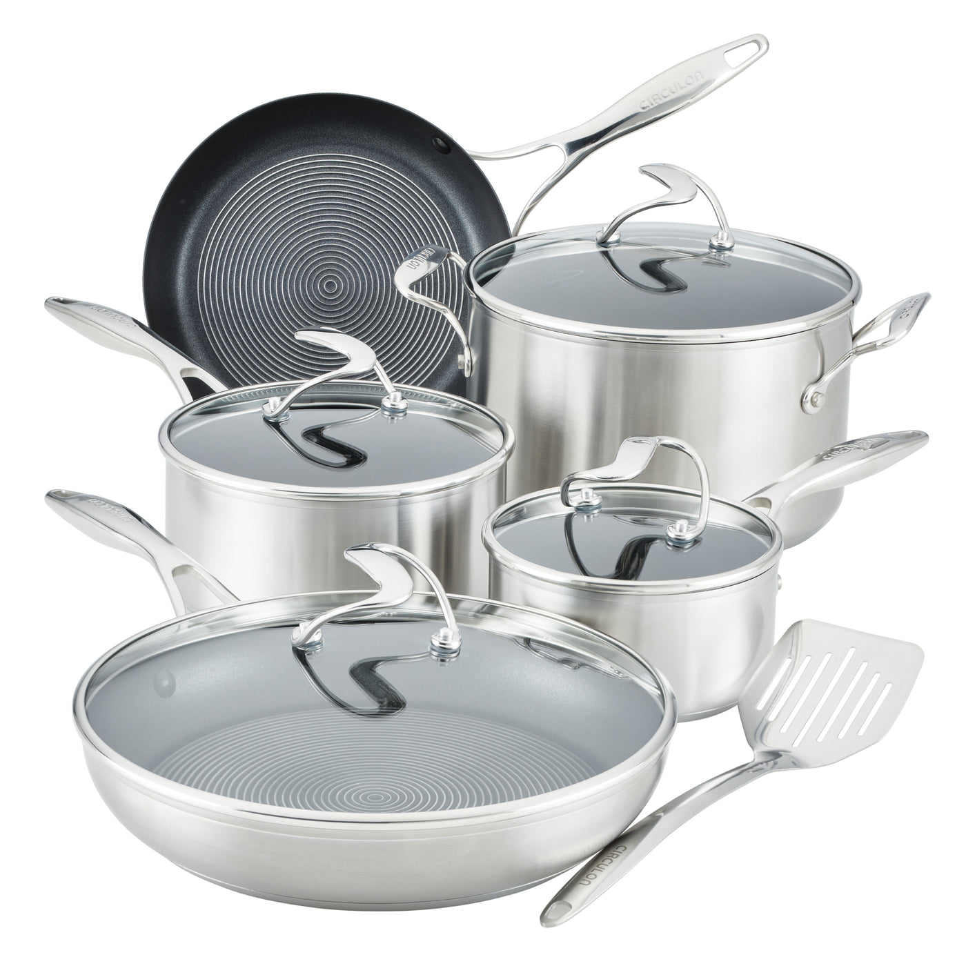 10-Piece Hybrid Cookware Set with nonstick pans, pots, lids, and spatula.