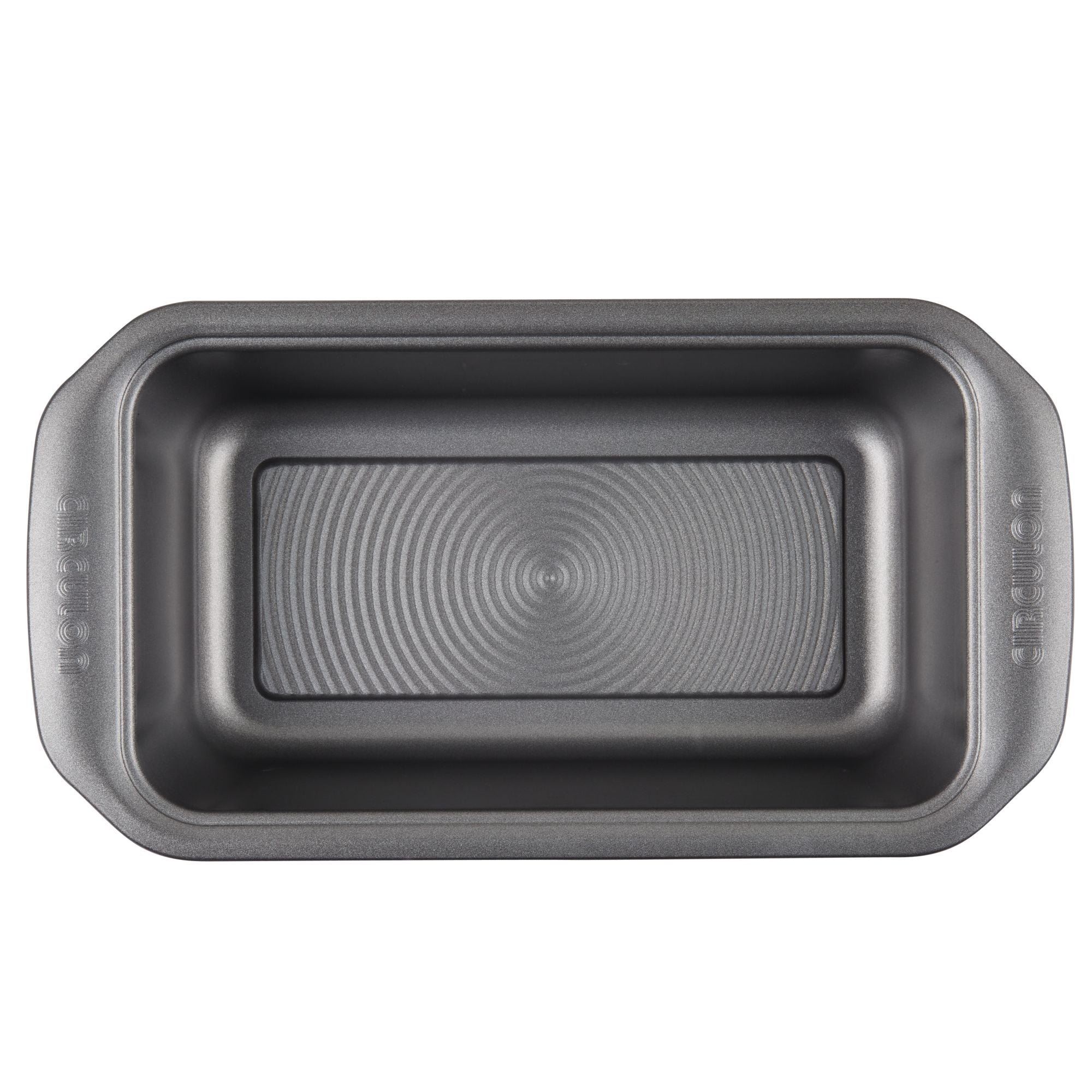A rectangular bread pan from the 10-Piece Nonstick Bakeware Set includes handles, is constructed from heavy gauge steel to resist warping, and has a nonstick finish.