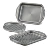 Introducing the 4-Piece Nonstick Toaster Oven Set: a collection of three gray baking trays, featuring a nonstick bake pan with a rack and a versatile roasting tray with holes, perfect for all your culinary needs.
