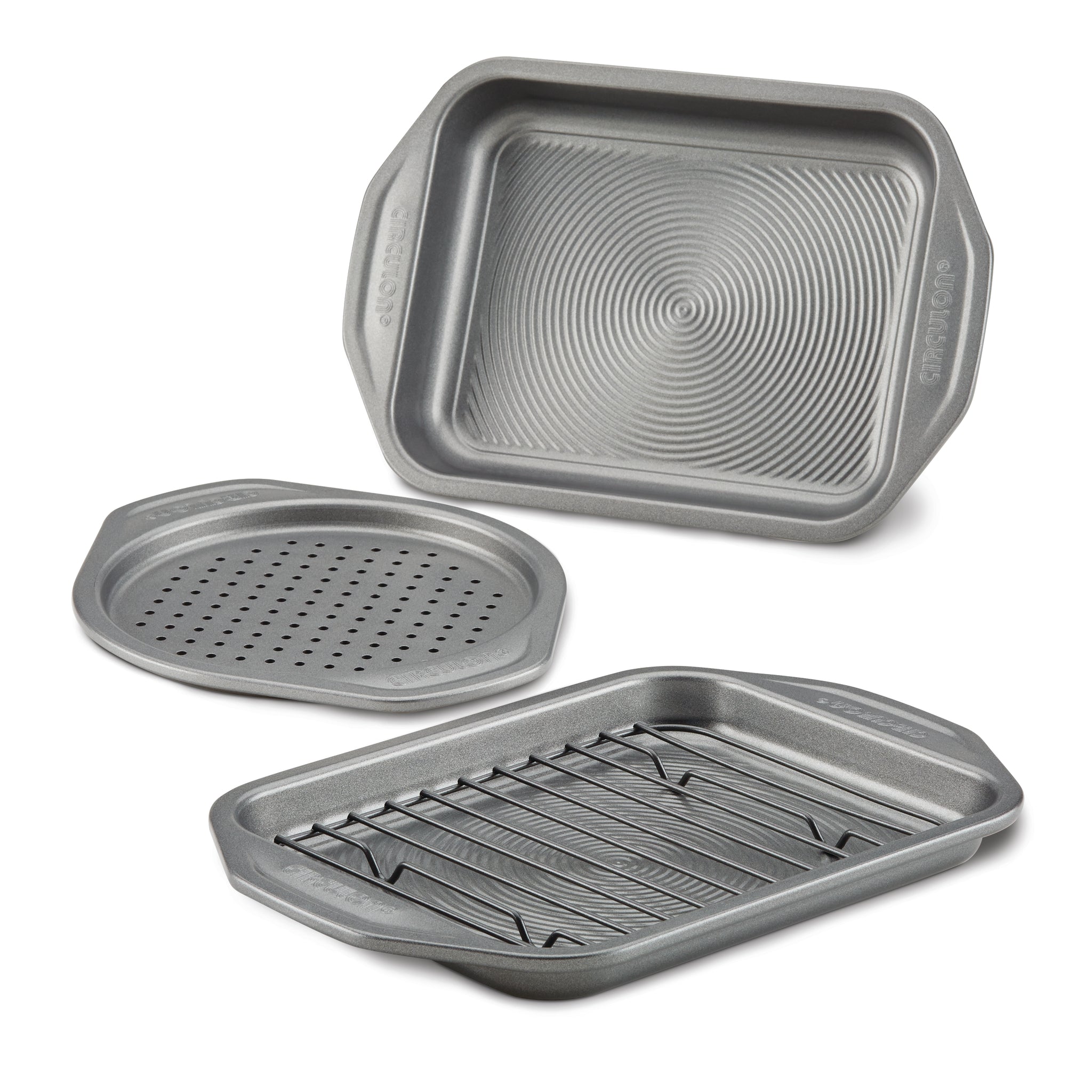 Introducing the 4-Piece Nonstick Toaster Oven Set: a collection of three gray baking trays, featuring a nonstick bake pan with a rack and a versatile roasting tray with holes, perfect for all your culinary needs.
