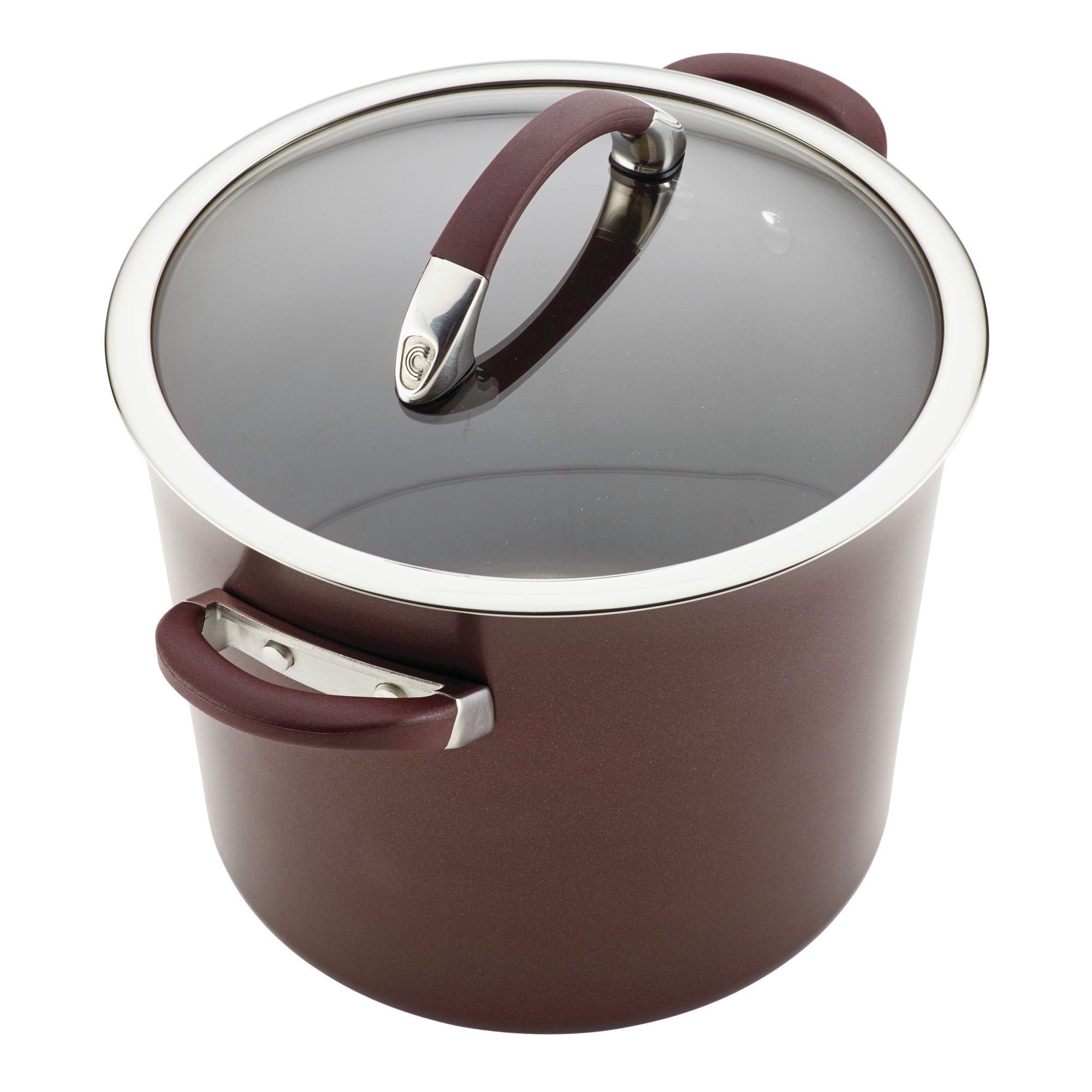 This brown cookware set from the 11-Piece Cookware Collection boasts a hard-anodized construction, glass lids, and sturdy metal handles, ensuring both durability and style.