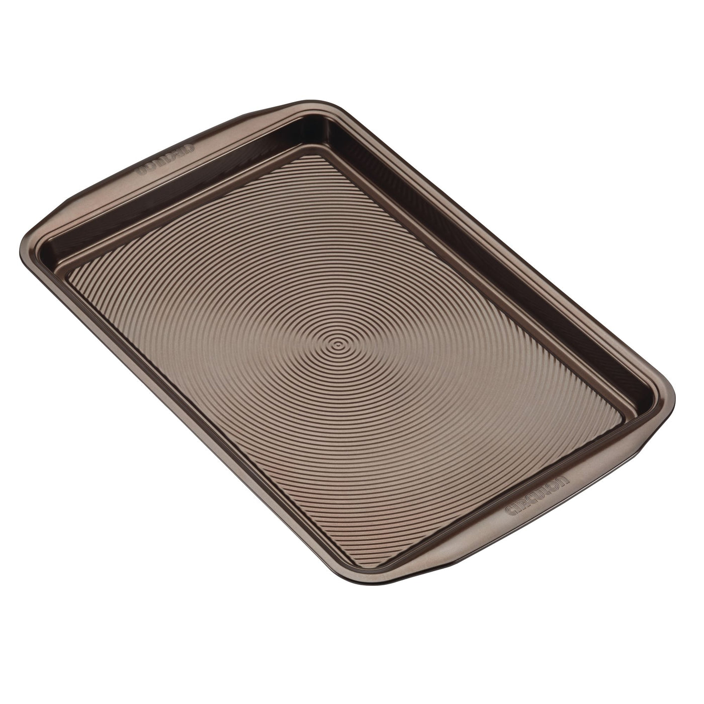 2-piece 10" x 15" nonstick cookie pan set with textured, raised-edge design.