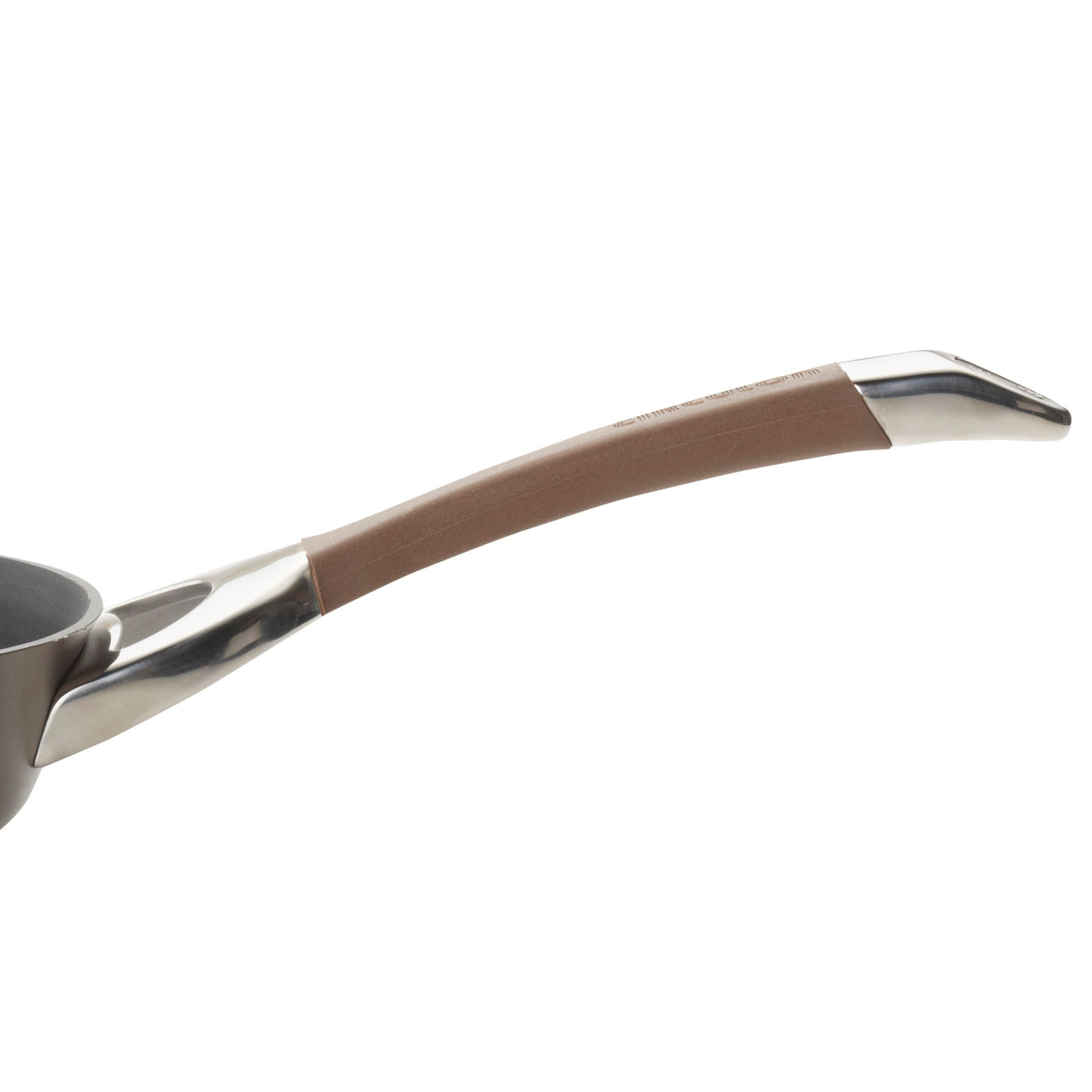 Close-up of a saucepan handle from the 11-Piece Cookware Set: Nonstick & Hard-Anodized, featuring a brown grip and metallic ends that highlight its durable hard-anodized construction.