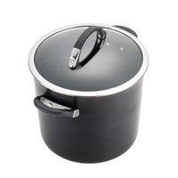 An item from the 11-Piece Cookware Set: Nonstick & Hard-Anodized, a black cooking pot with a lid and two handles, sits elegantly on a white background.