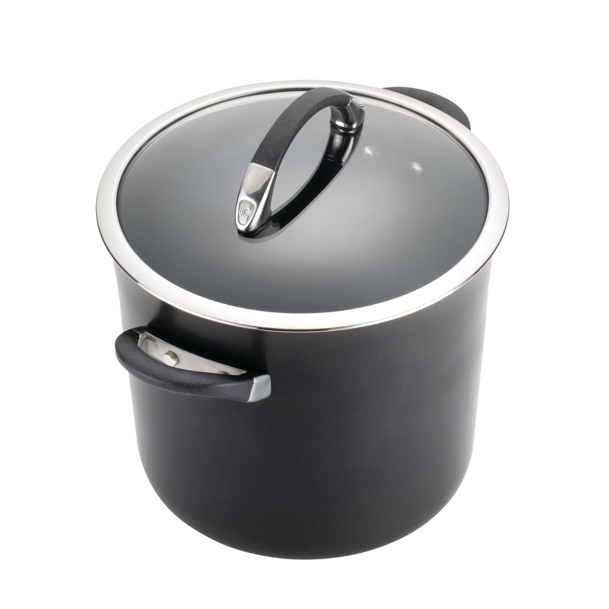 An item from the 11-Piece Cookware Set: Nonstick & Hard-Anodized, a black cooking pot with a lid and two handles, sits elegantly on a white background.