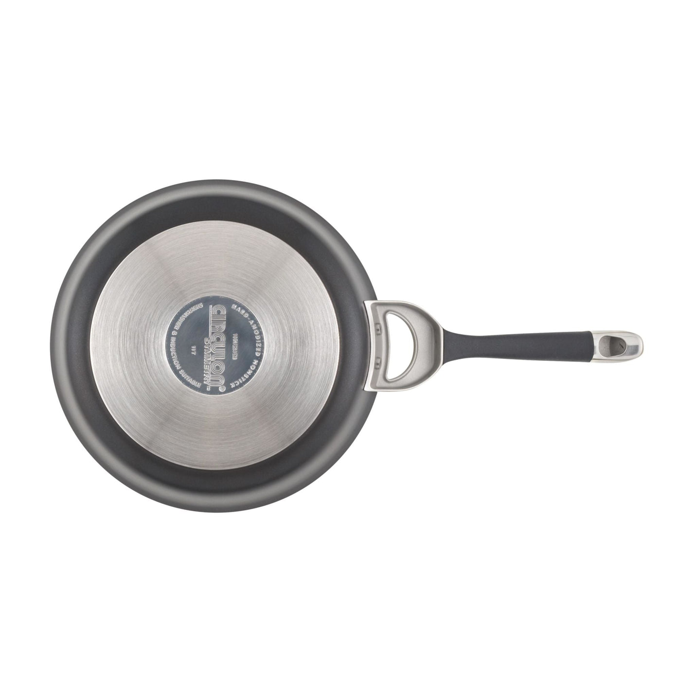 Top view of a frying pan from the 11-Piece Cookware Set: Nonstick & Hard-Anodized, featuring a black handle and a stainless steel base with a durable nonstick system.