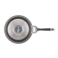 Top view of a frying pan from the 11-Piece Cookware Set: Nonstick & Hard-Anodized, featuring a black handle and a stainless steel base with a durable nonstick system.