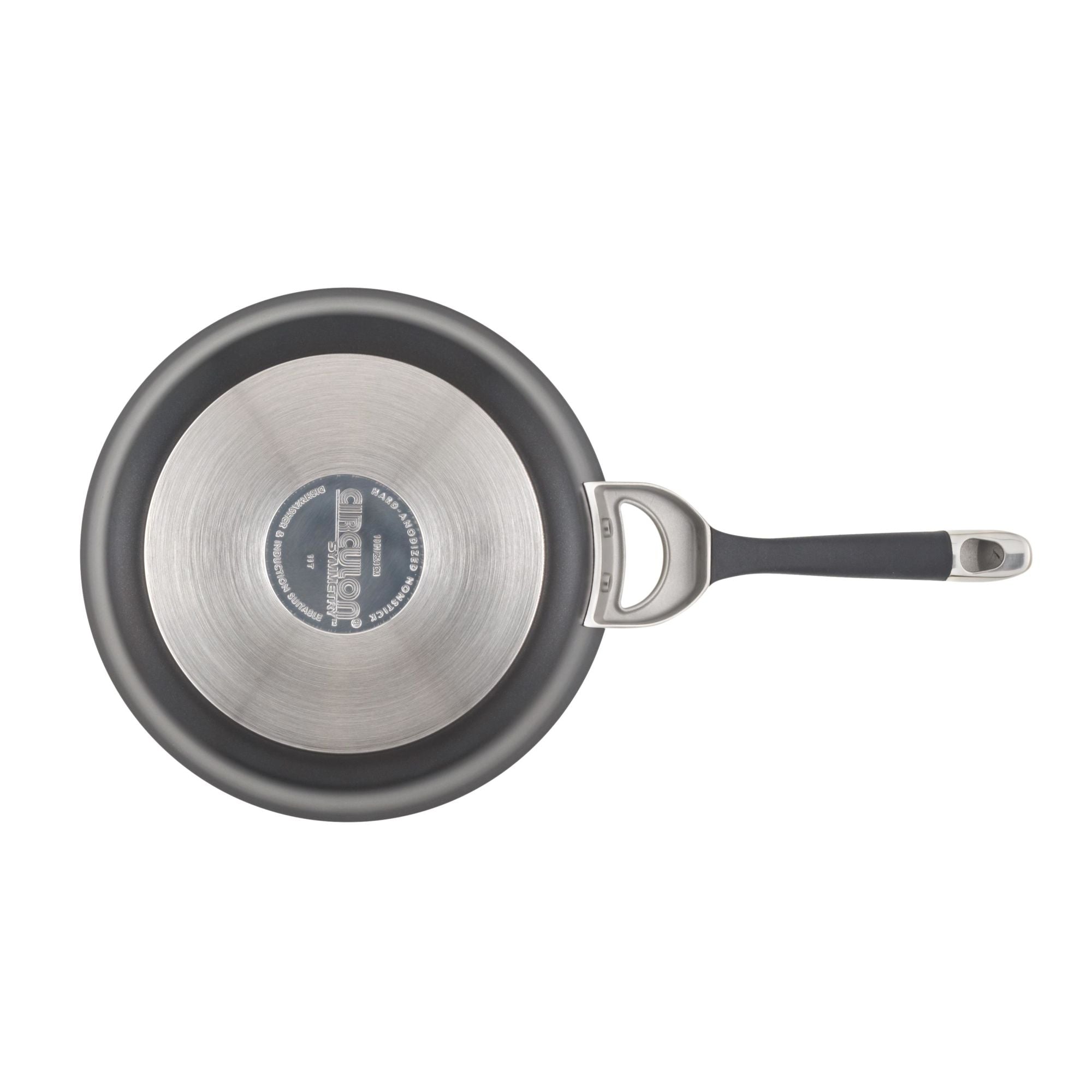 Top view of a frying pan from the 11-Piece Cookware Set: Nonstick & Hard-Anodized, featuring a black handle and a stainless steel base with a durable nonstick system.