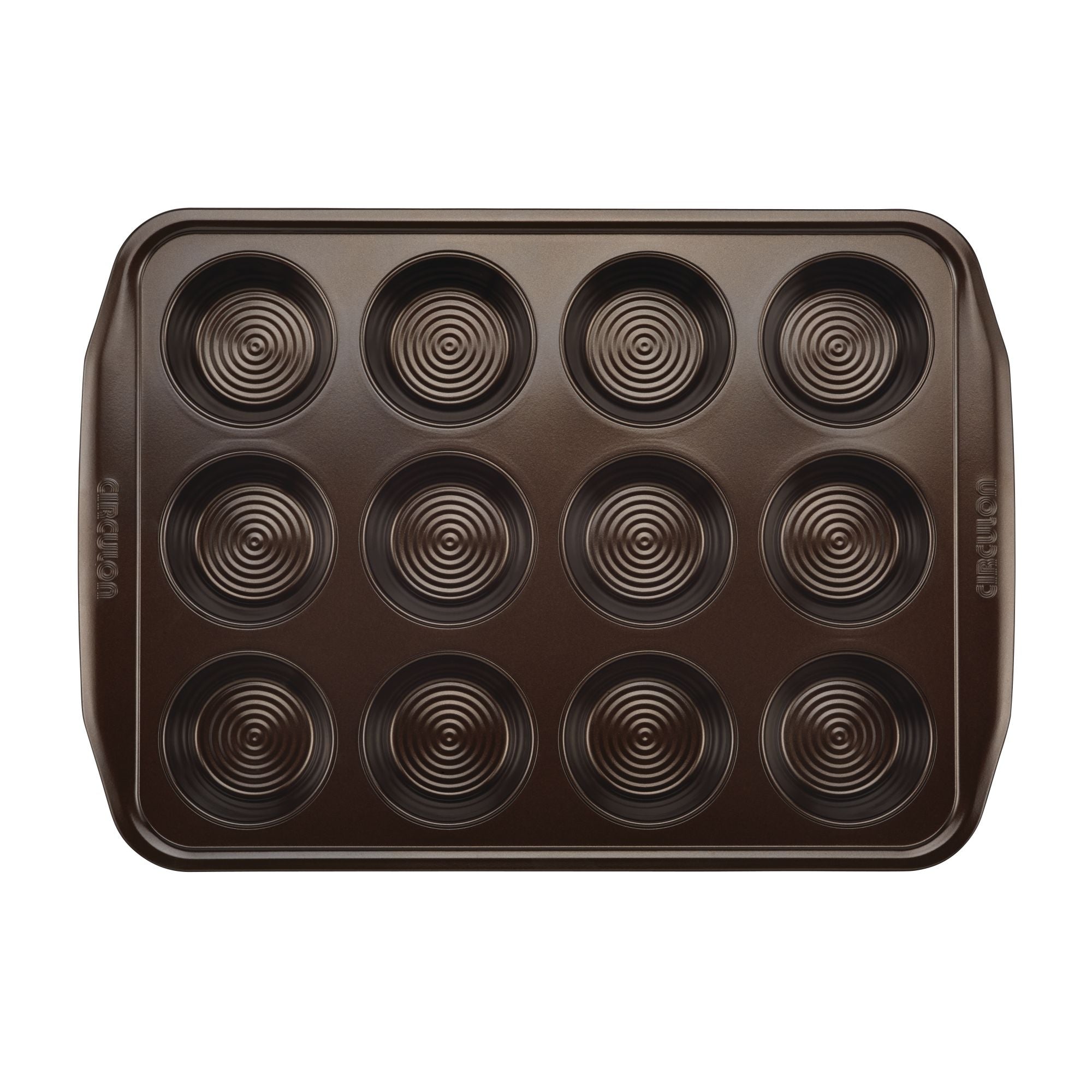 A heavy-duty dark metal muffin baking pan from the 10-Piece Nonstick Bakeware Set, with a 12-cup capacity and circular patterns, made of heavy gauge steel for excellent warp resistance and a nonstick finish.