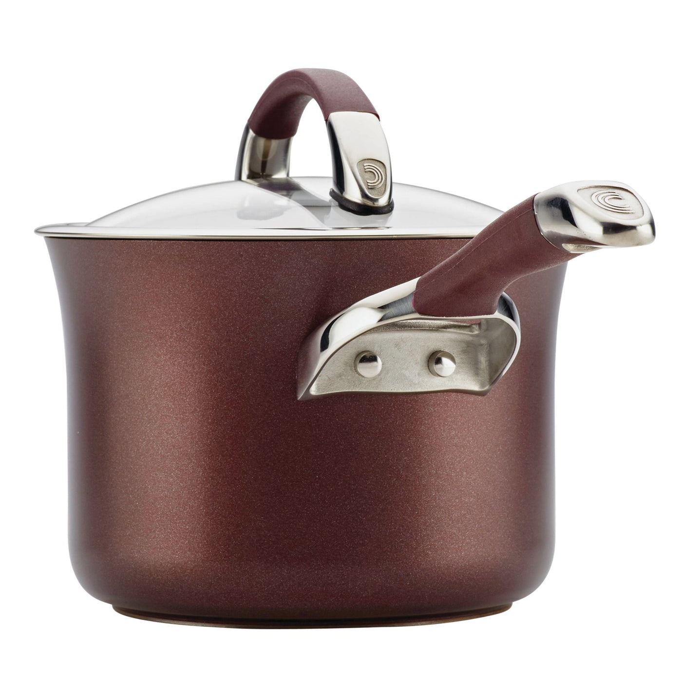 An 11-Piece Nonstick and Hard-Anodized Cookware Set saucepan with a lid and shiny metal handles sits on the stovetop, showcasing its durable construction.
