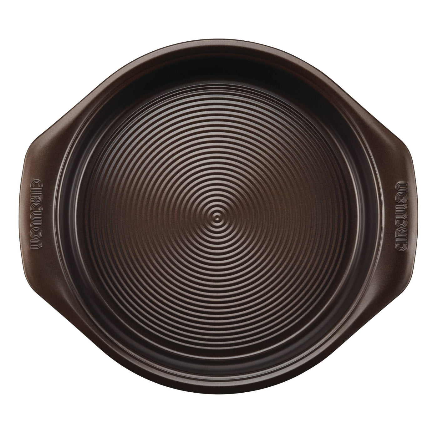The round dark baking pan, part of the 10-Piece Nonstick Bakeware Set, includes a ridged surface with ergonomic handles and is crafted from heavy gauge steel to resist warping.