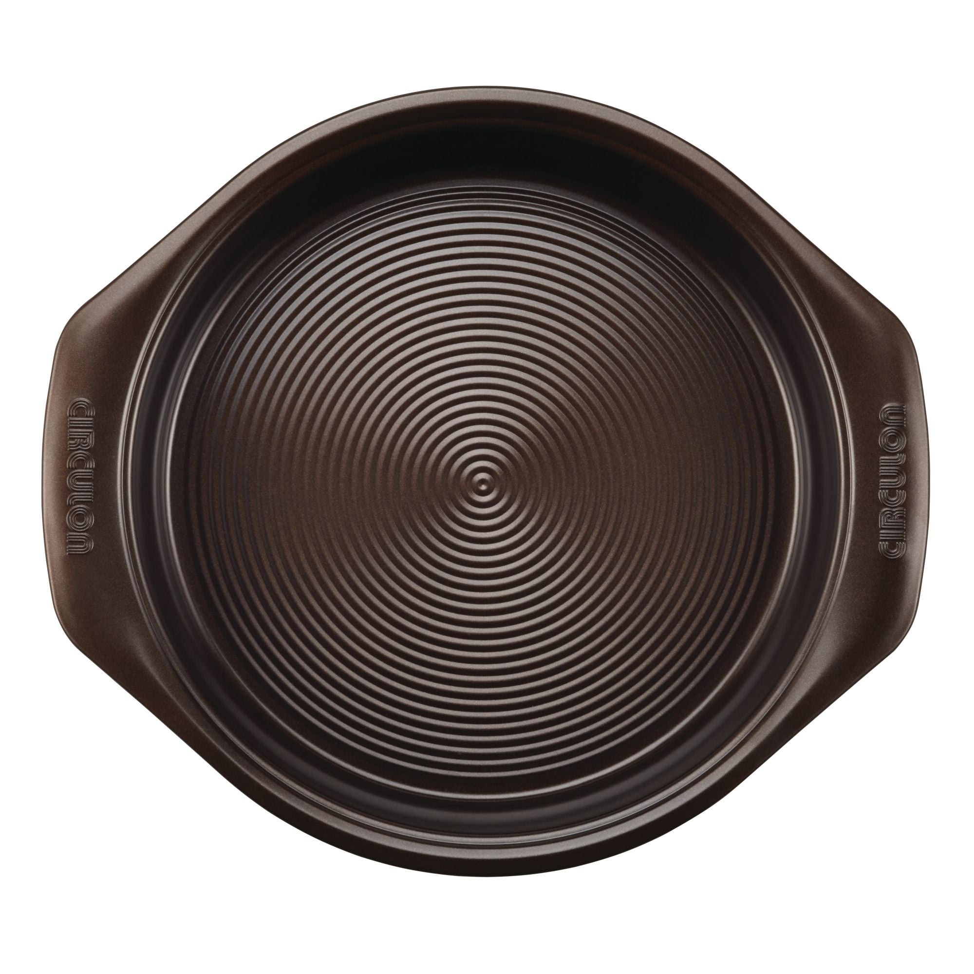 The round dark baking pan, part of the 10-Piece Nonstick Bakeware Set, includes a ridged surface with ergonomic handles and is crafted from heavy gauge steel to resist warping.