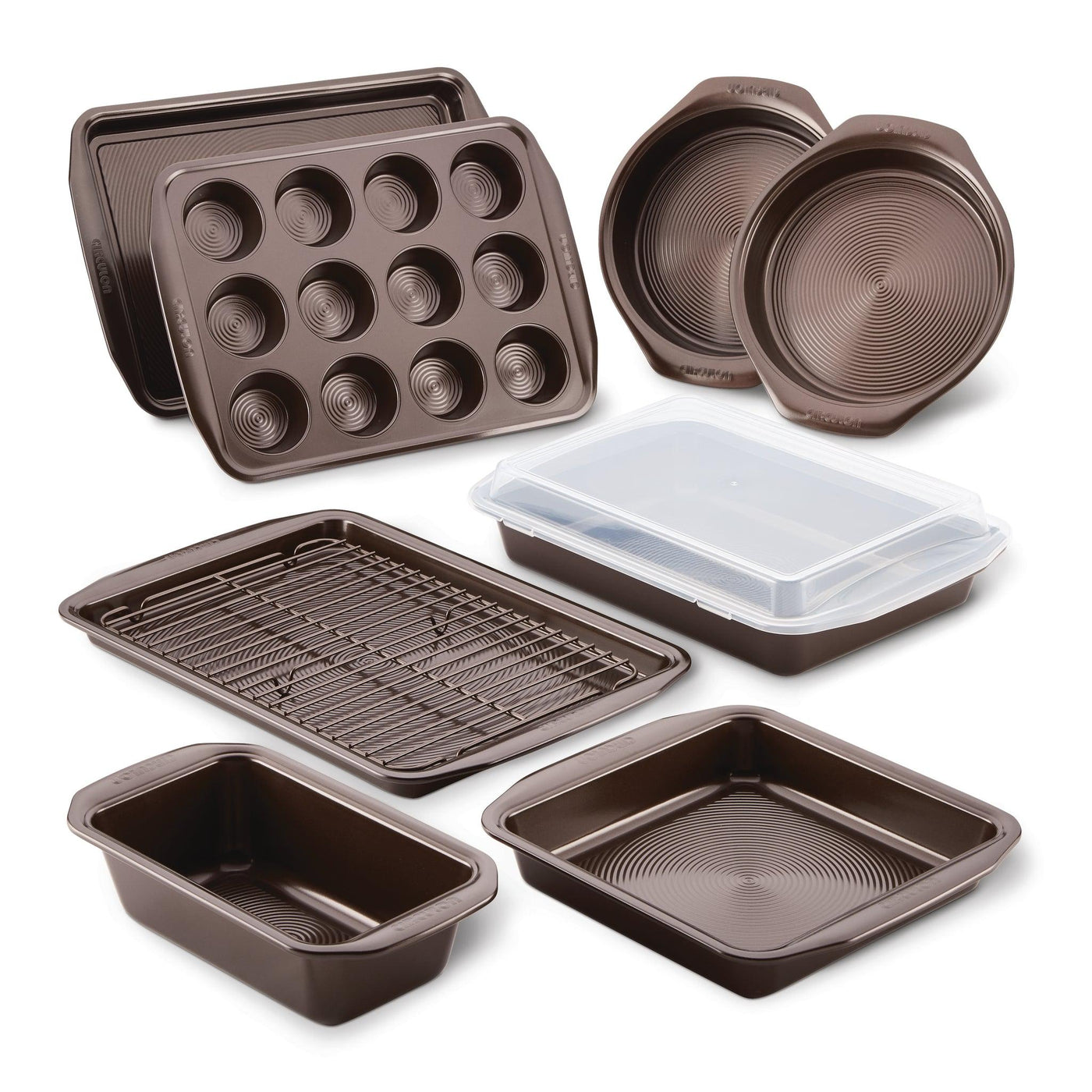 Explore our 10-Piece Nonstick Bakeware Set, featuring brown baking tins and trays made from heavy gauge steel for outstanding warp resistance. This collection includes a cooling rack and a handy plastic lid, ensuring perfect baking results every time.
