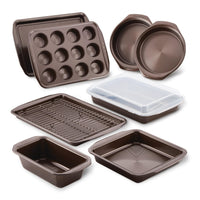 Explore our 10-Piece Nonstick Bakeware Set, featuring brown baking tins and trays made from heavy gauge steel for outstanding warp resistance. This collection includes a cooling rack and a handy plastic lid, ensuring perfect baking results every time.