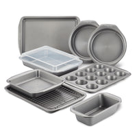 The 10-Piece Nonstick Bakeware Set, made from heavy gauge steel to prevent warping, is showcased on a white background.