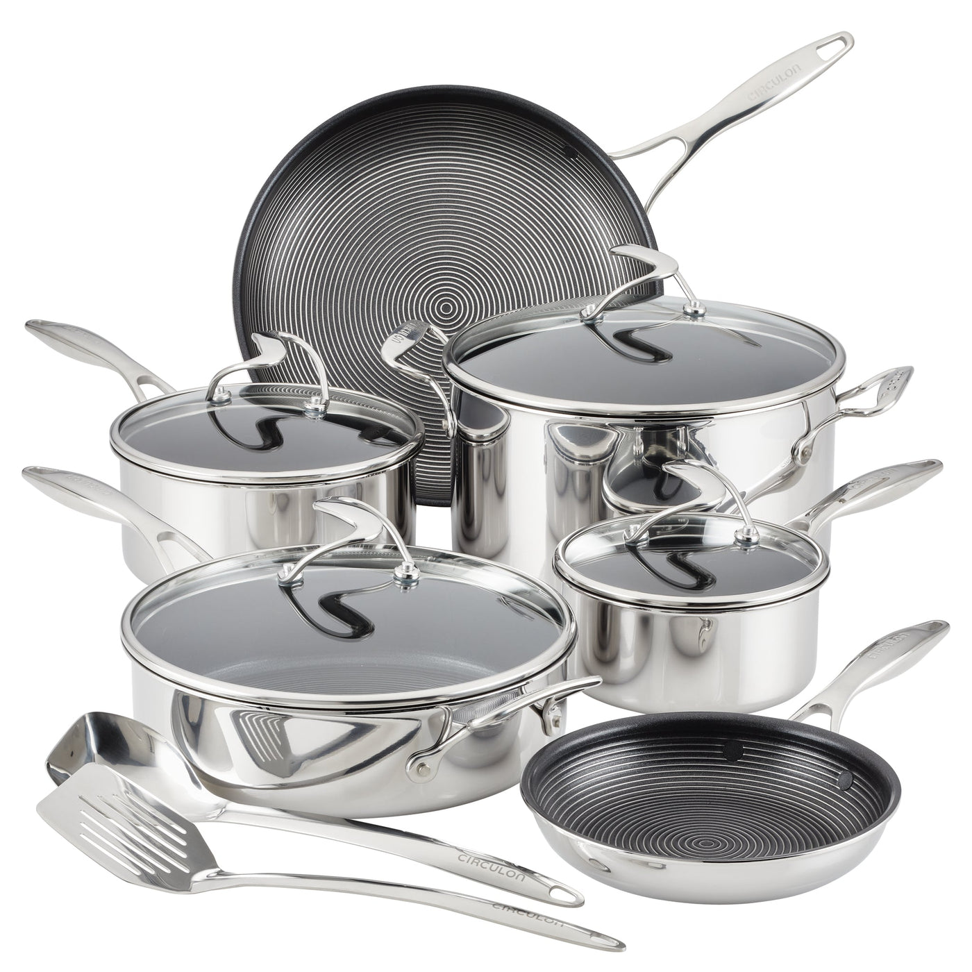 10-Piece Stainless Steel Cookware Set with 2-Piece Bonus Utensil Set, featuring a unique spiral design and advanced SteelShield technology for durability.