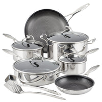 10-Piece Stainless Steel Cookware Set with 2-Piece Bonus Utensil Set, featuring a unique spiral design and advanced SteelShield technology for durability.