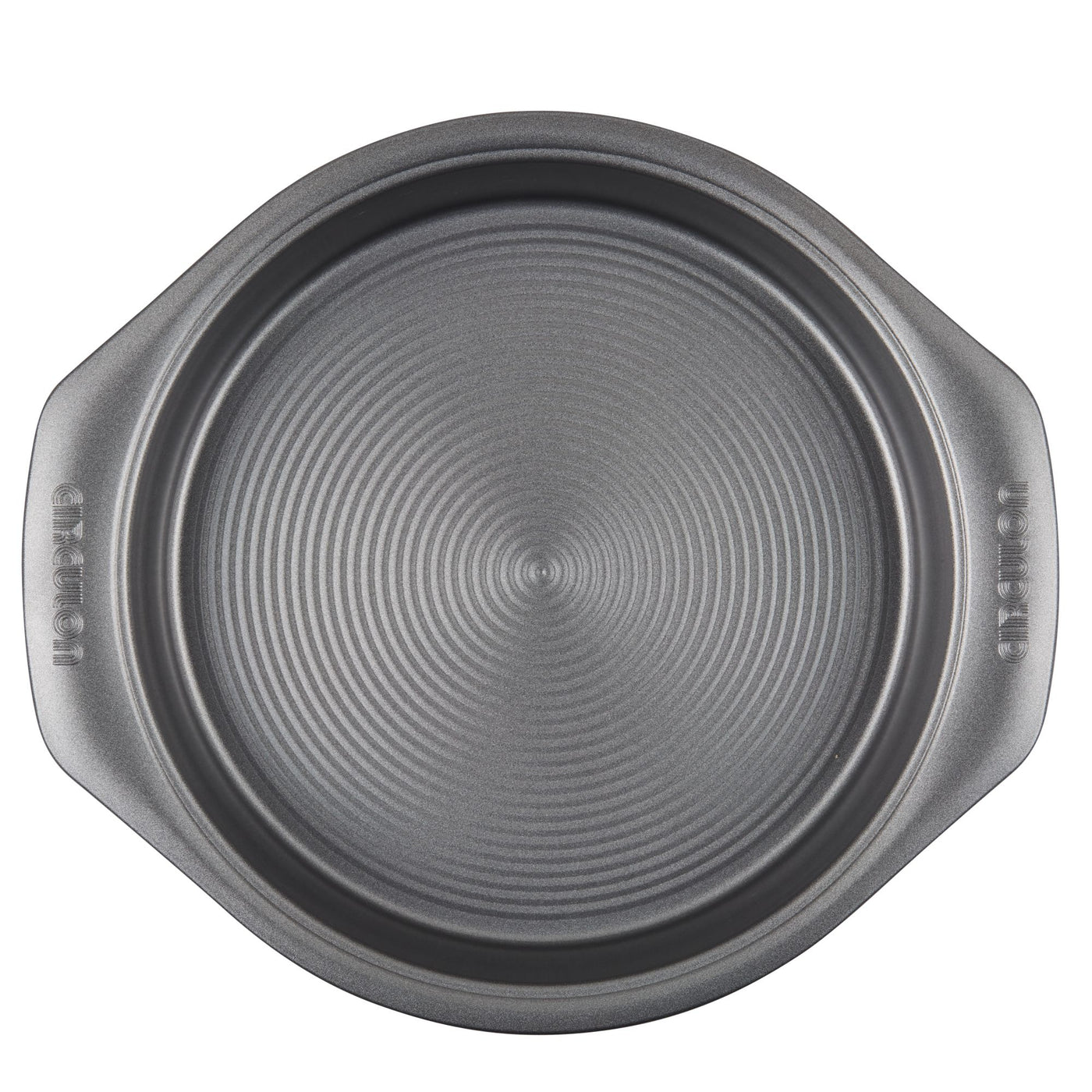 A round, ridged baking pan with side handles from the 10-Piece Nonstick Bakeware Set, designed from heavy gauge steel to offer outstanding resistance to warping.