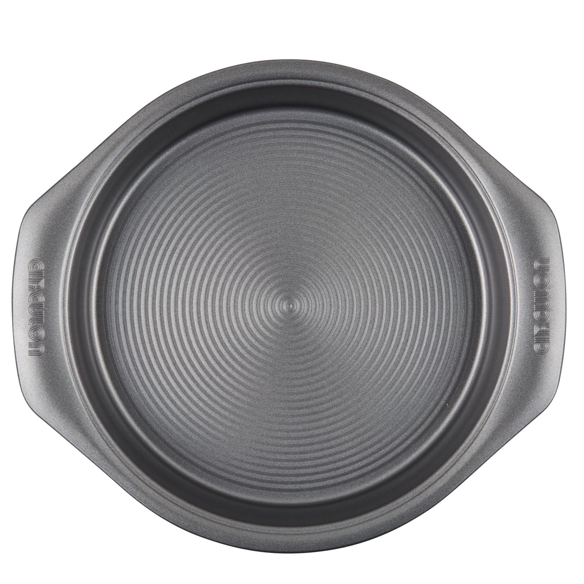 A round, ridged baking pan with side handles from the 10-Piece Nonstick Bakeware Set, designed from heavy gauge steel to offer outstanding resistance to warping.