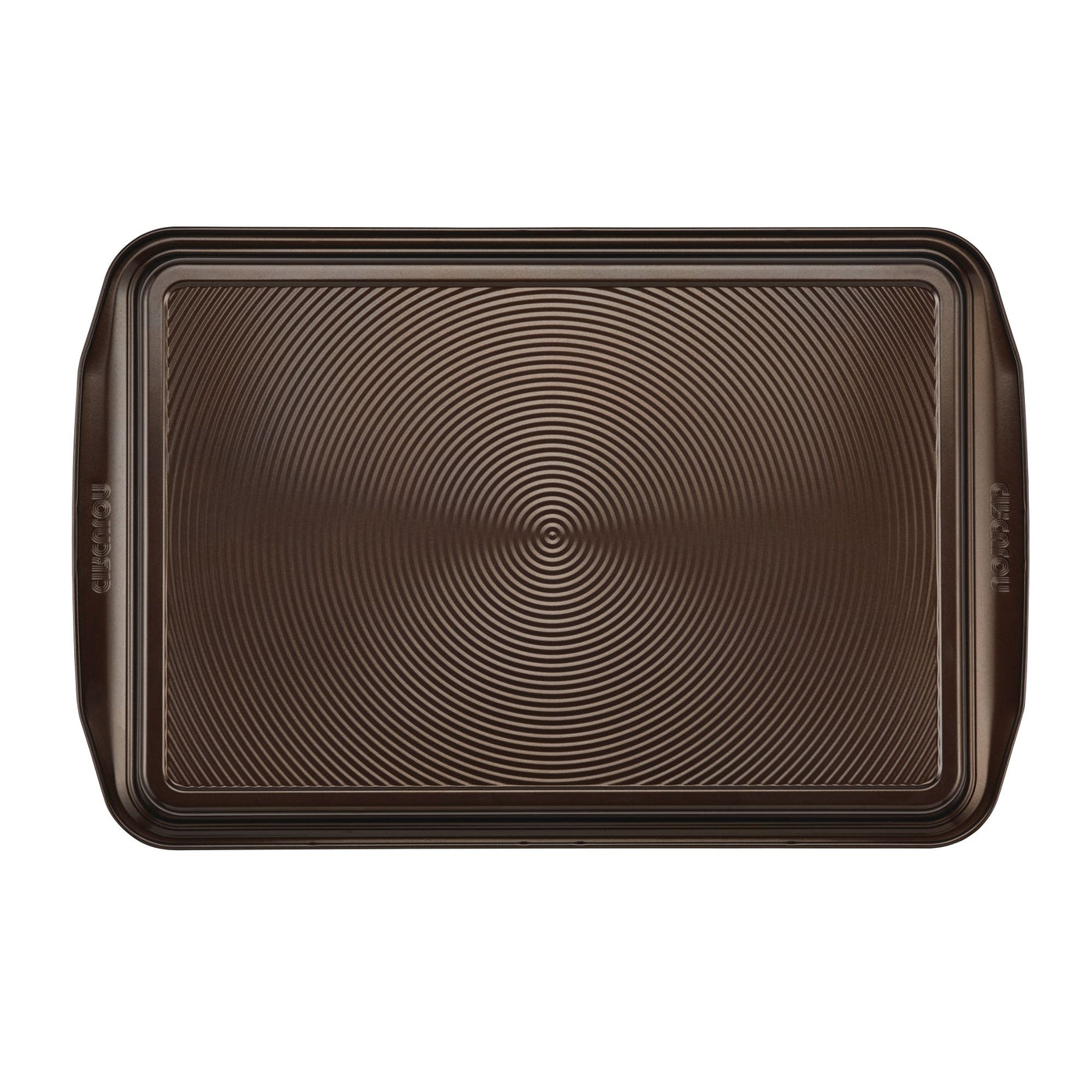Heavy gauge steel baking tray from the 10-Piece Nonstick Bakeware Set, featuring a ridged pattern and side handles for easy handling, with nonstick properties and warp resistance, displayed against a white background.