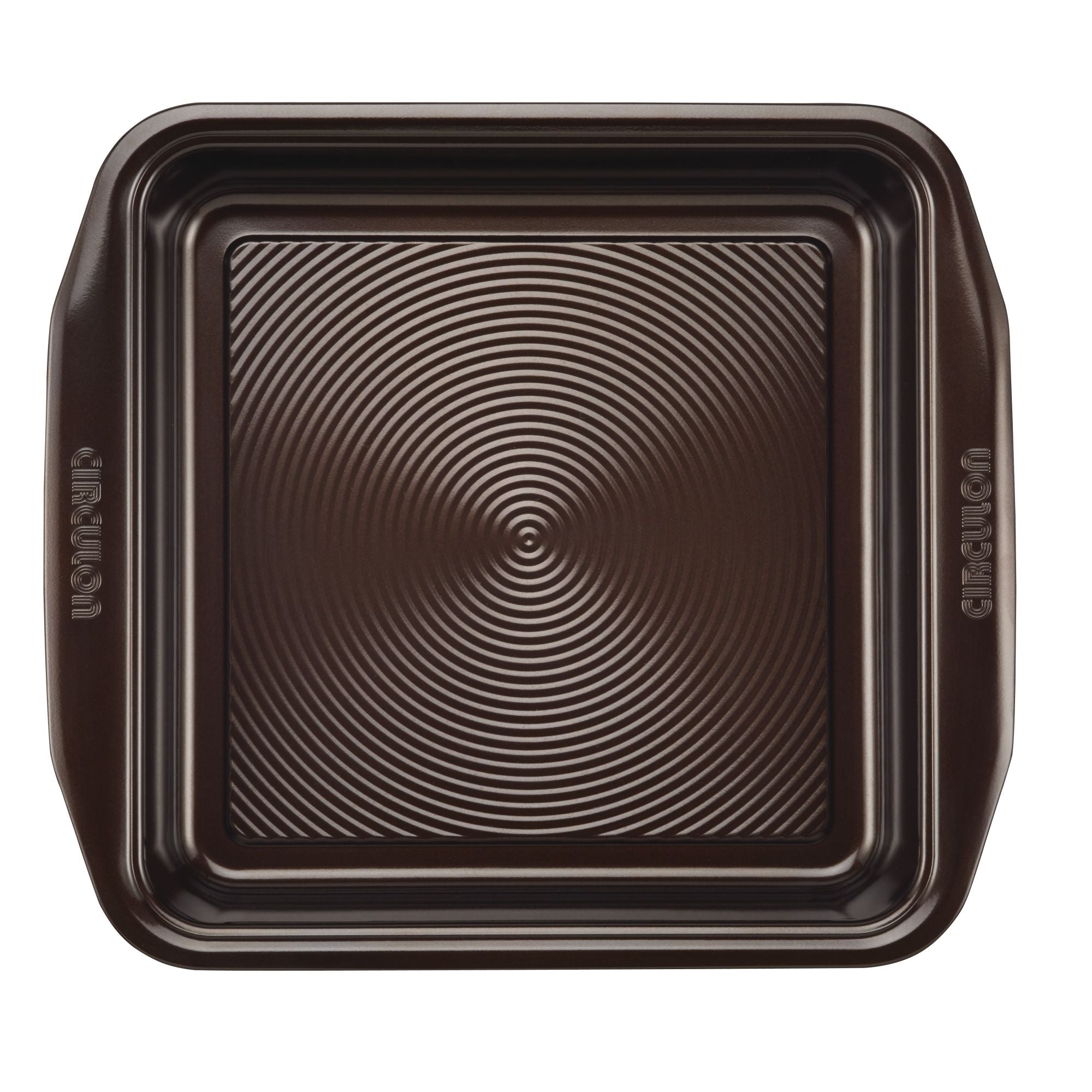 Square baking pan from the 10-Piece Nonstick Bakeware Set, crafted with heavy gauge steel featuring a ridged interior and handles, engineered for warp resistance and durability.