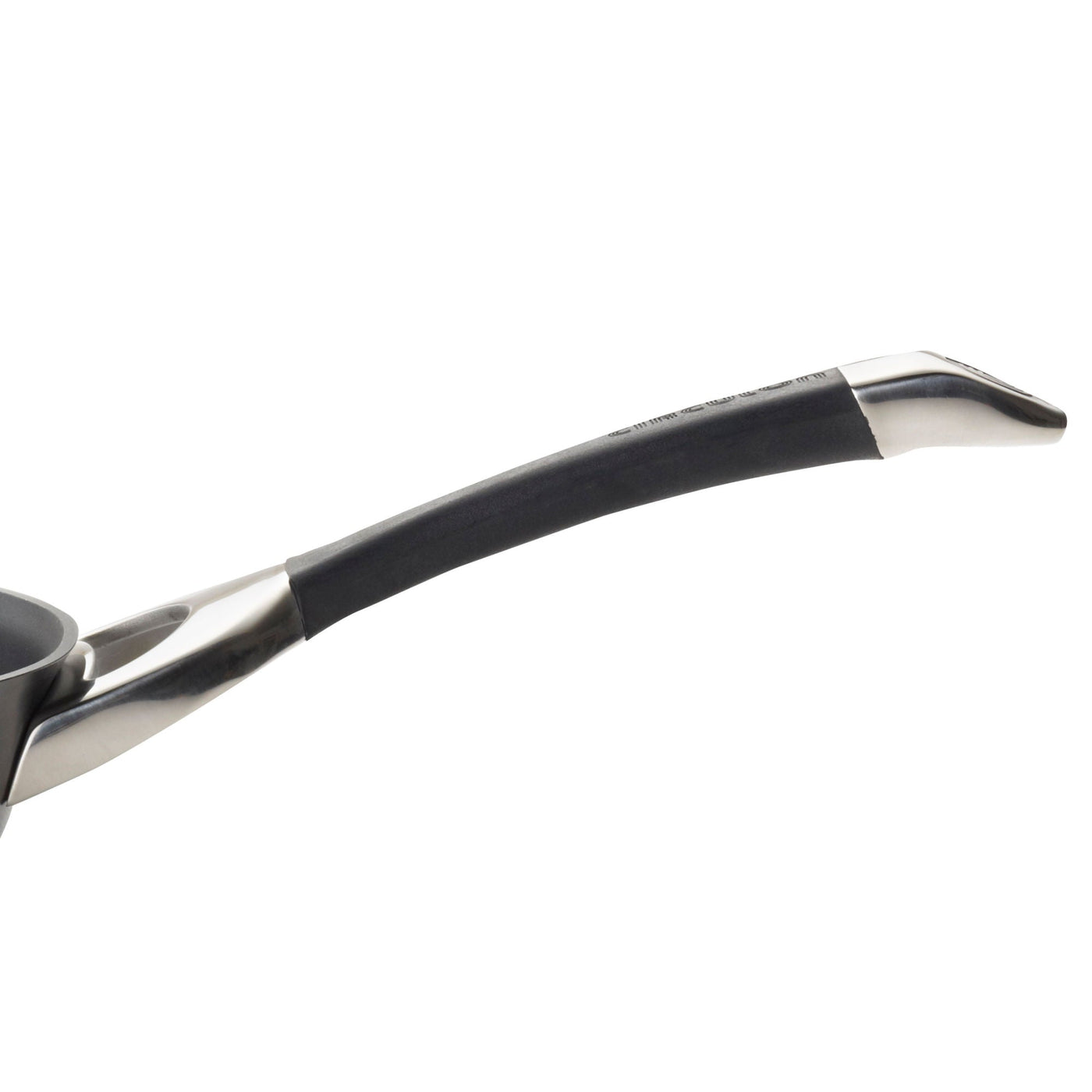 Handle of the Hard-Anodized Frying Pan Set featuring a black grip, stainless steel accents, and a durable hard-anodized finish.