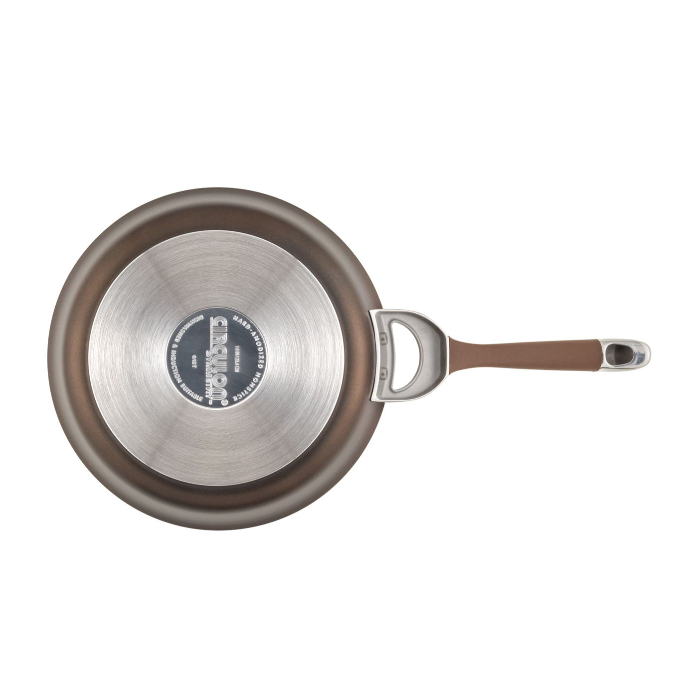 Top view of a hard-anodized frying pan, part of the 11-Piece Cookware Set, with a metal handle and circular base design.